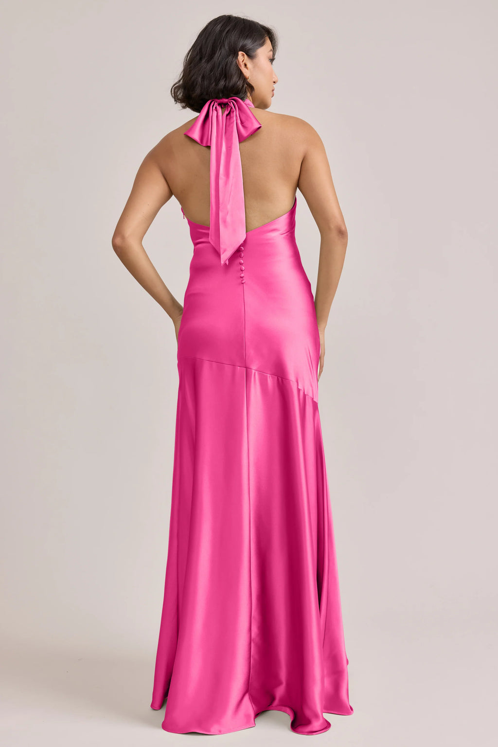 Luxe Satin Cowl Neck Halter Bridesmaid Dresses with Bow Back Detail, Asymmetrical Skirt and Floor-Length Formal Gown