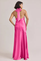 Luxe Satin Cowl Neck Halter Bridesmaid Dresses with Bow Back Detail, Asymmetrical Skirt and Floor-Length Formal Gown