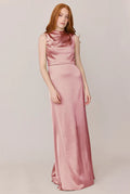 Luxe Satin Cowl Neck Sleeveless A-Line Bridesmaid Dress with Pockets High Slit Floor-Length Hem