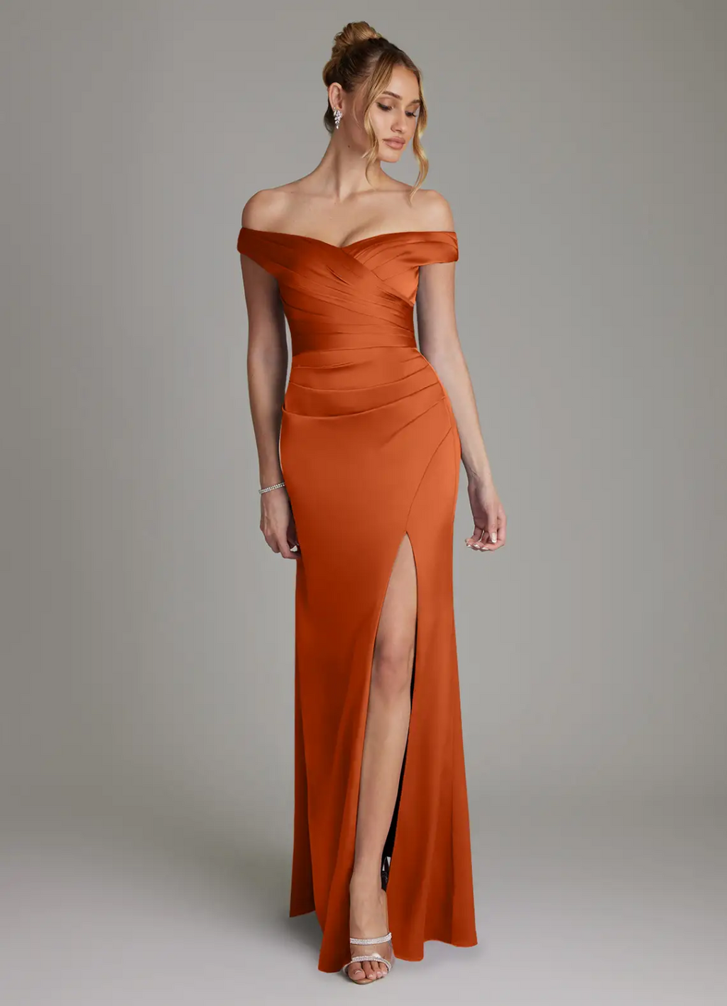 Luxe Satin Off-Shoulder Sweetheart Pleated Bodice High-Slit Floor-Length Bridesmaid Gown