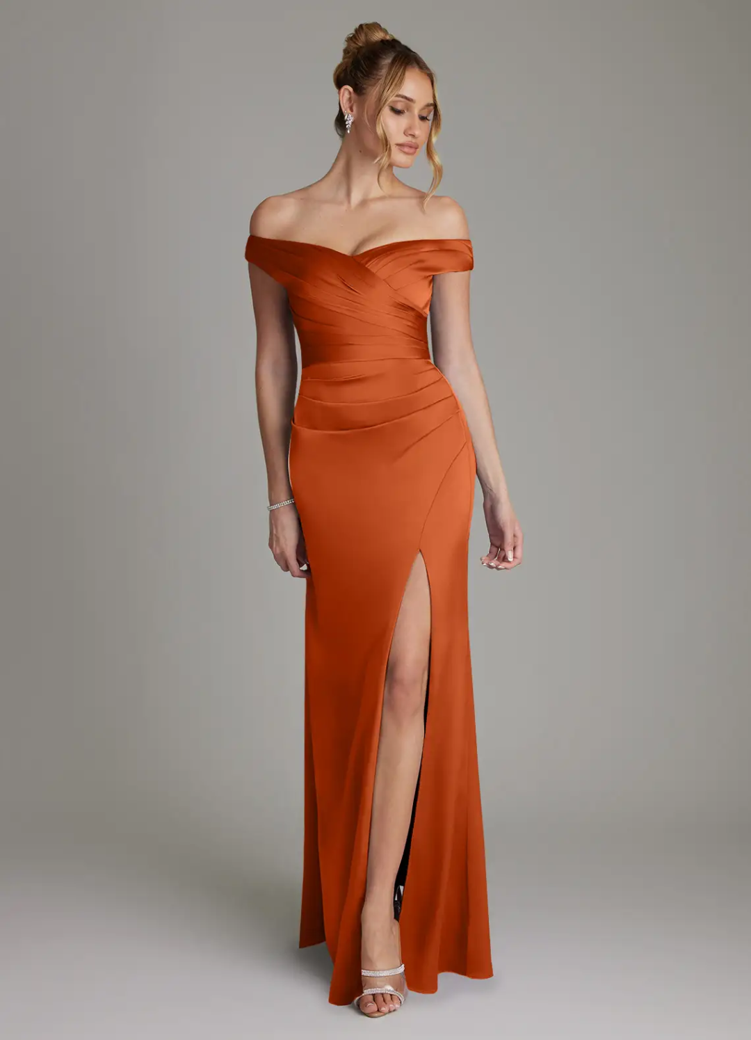 Luxe Satin Off-Shoulder Sweetheart Pleated Bodice High-Slit Floor-Length Bridesmaid Gown