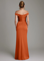 Luxe Satin Off-Shoulder Sweetheart Pleated Bodice High-Slit Floor-Length Bridesmaid Gown