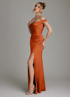 Luxe Satin Off-Shoulder Sweetheart Pleated Bodice High-Slit Floor-Length Bridesmaid Gown