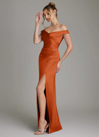 Luxe Satin Off-Shoulder Sweetheart Pleated Bodice High-Slit Floor-Length Bridesmaid Gown