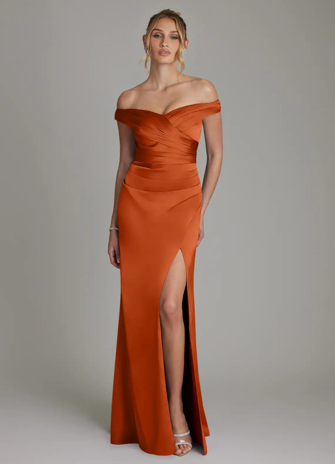 Luxe Satin Off-Shoulder Sweetheart Pleated Bodice High-Slit Floor-Length Bridesmaid Gown