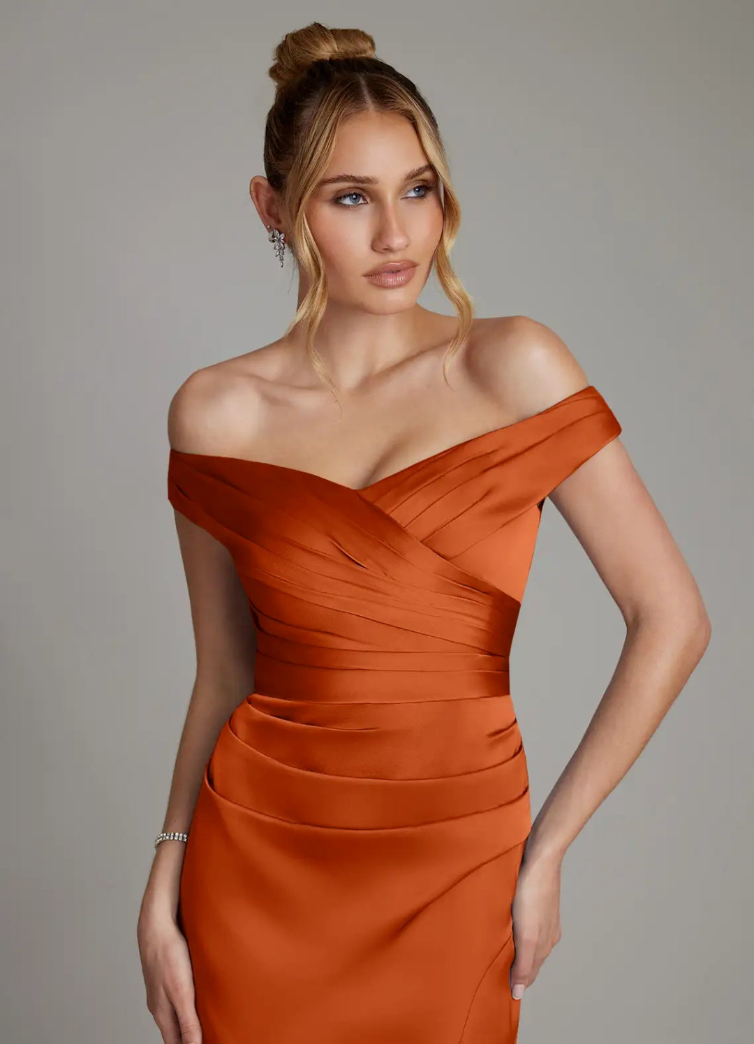 Luxe Satin Off-Shoulder Sweetheart Pleated Bodice High-Slit Floor-Length Bridesmaid Gown
