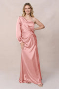 Luxe Satin One-Shoulder Twist Front Bishop Sleeve Mermaid Bridesmaid Dress with Pockets Floor-Length Hem
