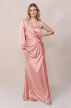 Luxe Satin One-Shoulder Twist Front Bishop Sleeve Mermaid Bridesmaid Dress with Pockets Floor-Length Hem