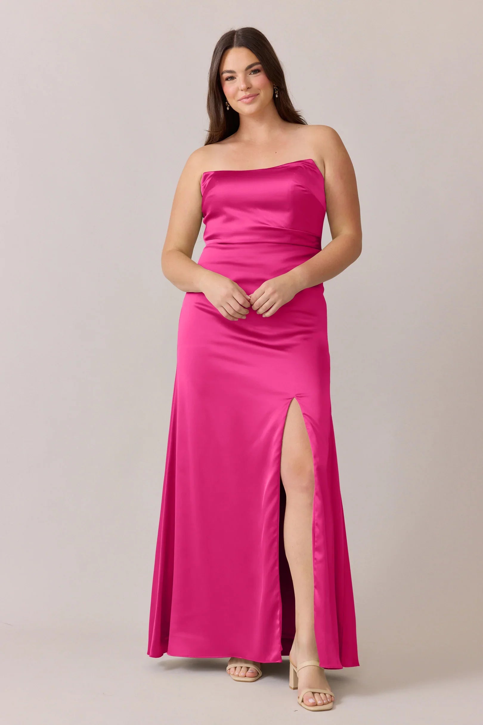 Luxe Satin Strapless Bridesmaid Dresses with Sculpted Ruched Bodice, Sleek Open Back and Daring High Slit Formal Gown