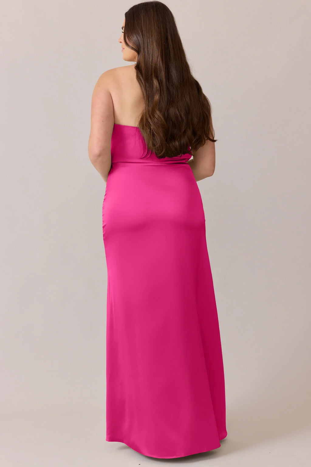 Luxe Satin Strapless Bridesmaid Dresses with Sculpted Ruched Bodice, Sleek Open Back and Daring High Slit Formal Gown