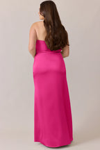 Luxe Satin Strapless Bridesmaid Dresses with Sculpted Ruched Bodice, Sleek Open Back and Daring High Slit Formal Gown