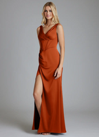 Luxe Satin V-Neck Corset Bodice Lace-Up Back High-Slit Floor-Length Bridesmaid Gown