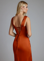 Luxe Satin V-Neck Corset Bodice Lace-Up Back High-Slit Floor-Length Bridesmaid Gown