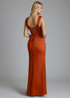 Luxe Satin V-Neck Corset Bodice Lace-Up Back High-Slit Floor-Length Bridesmaid Gown