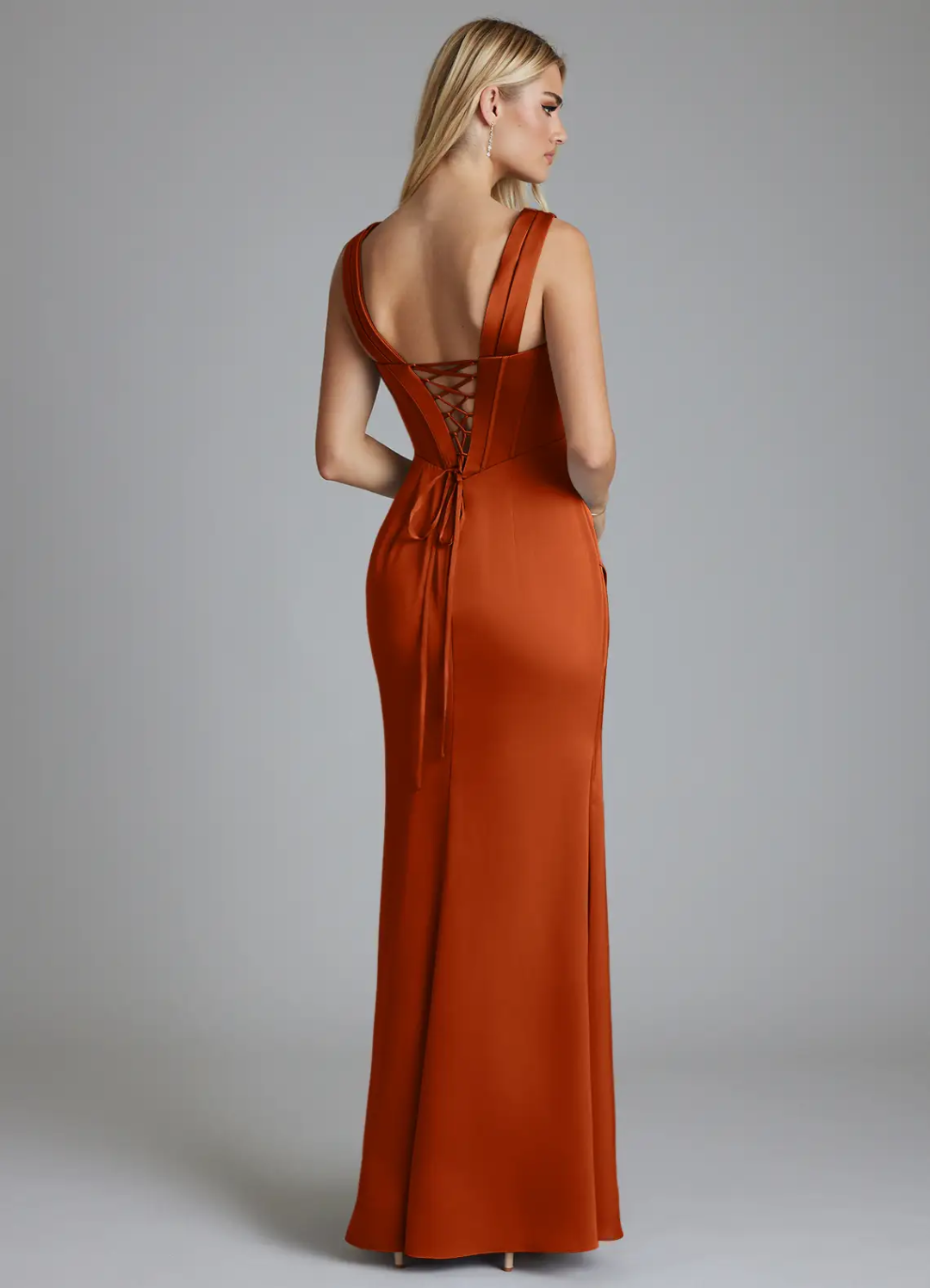 Luxe Satin V-Neck Corset Bodice Lace-Up Back High-Slit Floor-Length Bridesmaid Gown