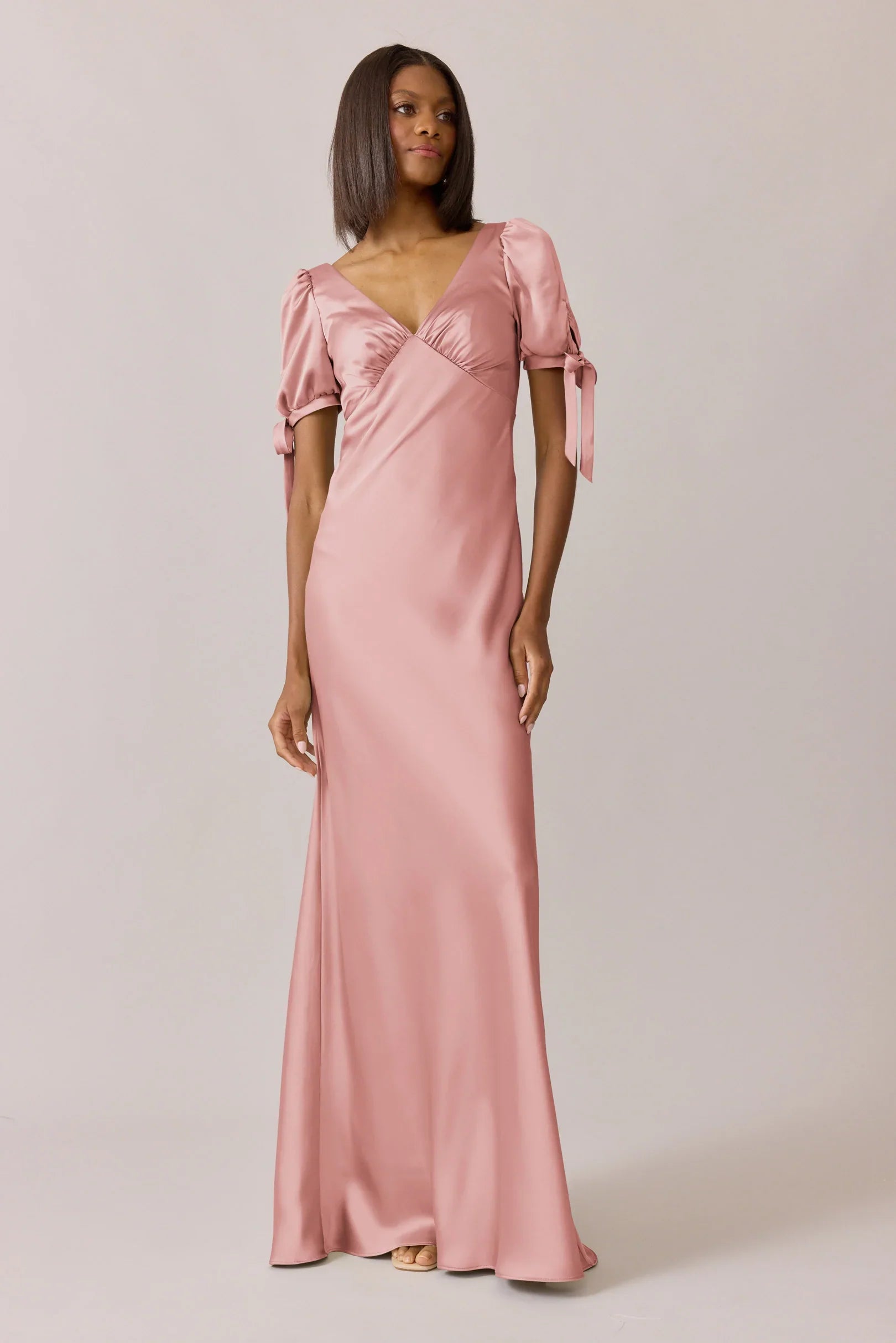 Luxe Satin V-Neck Tie Detail Puff Sleeve A-Line Bridesmaid Dress with Pockets Button Back Floor-Length Hem