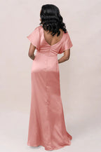 Luxe Satin V-Neck Twist Front Flutter Sleeve Mermaid Bridesmaid Dress with Pockets Open Back Floor-Length Hem
