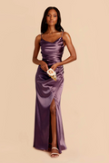 Luxe Spaghetti Strap Sumptuous Satin Cowl Neck Elegantly Ruched Waist Dramatic High Slit Flowing Floor-Length Bridesmaid Dress