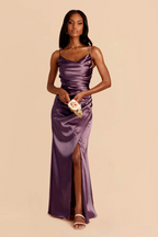 Luxe Spaghetti Strap Sumptuous Satin Cowl Neck Elegantly Ruched Waist Dramatic High Slit Flowing Floor-Length Bridesmaid Dress