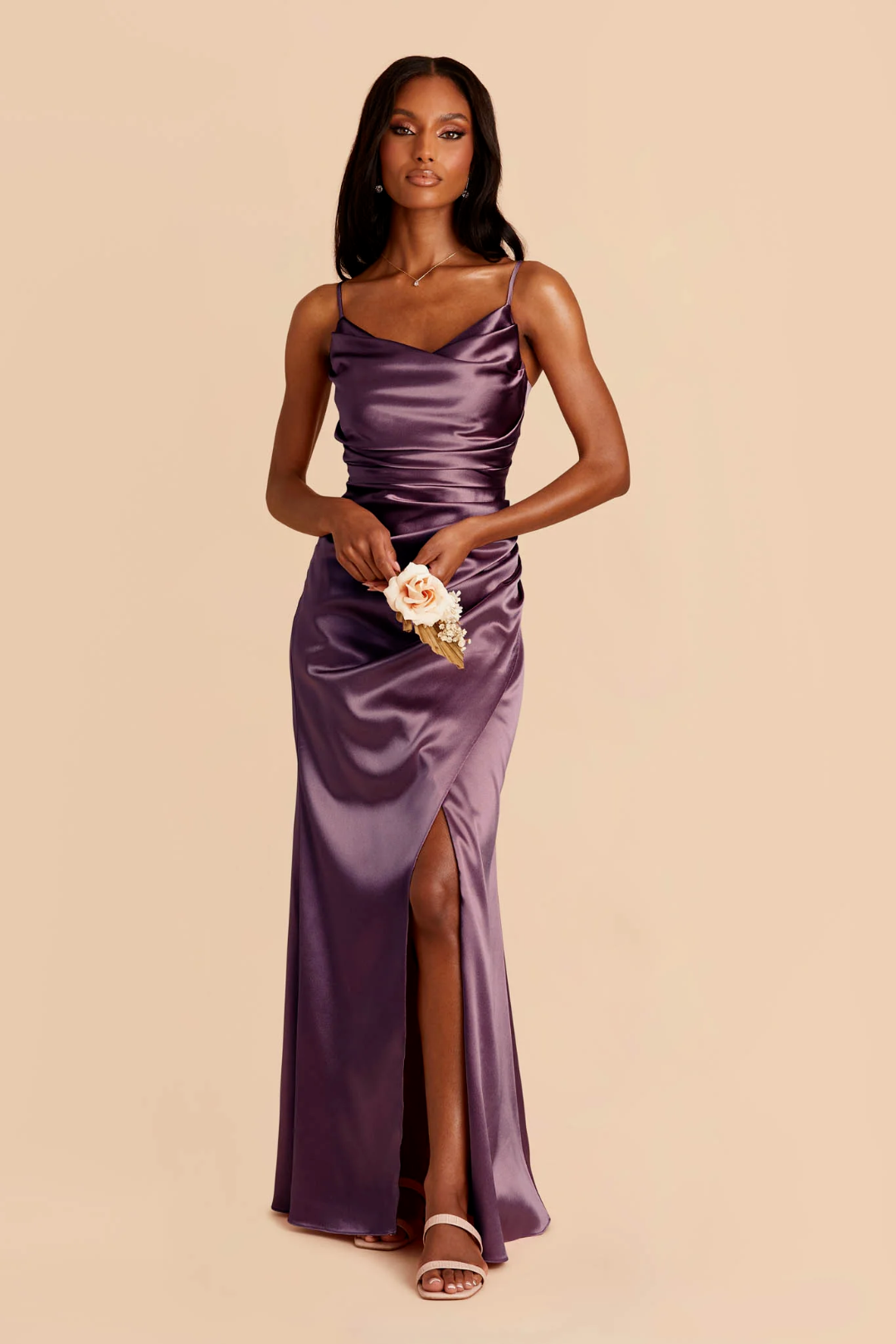 Luxe Spaghetti Strap Sumptuous Satin Cowl Neck Elegantly Ruched Waist Dramatic High Slit Flowing Floor-Length Bridesmaid Dress