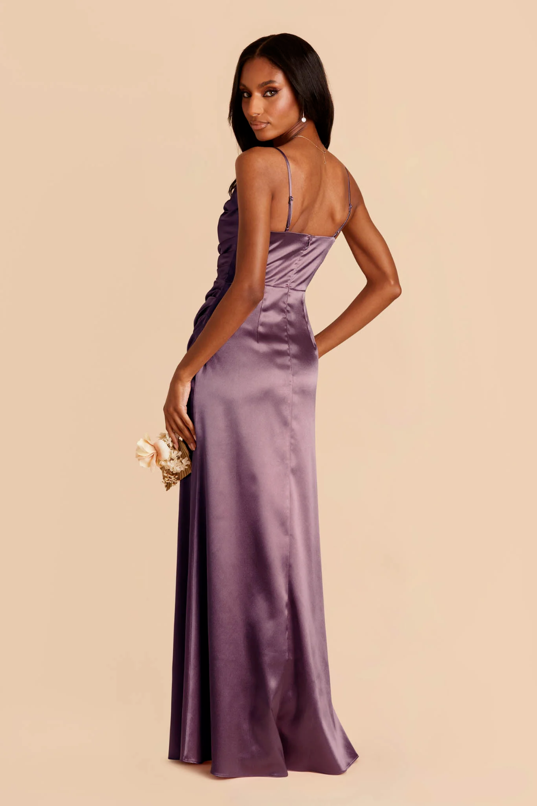 Luxe Spaghetti Strap Sumptuous Satin Cowl Neck Elegantly Ruched Waist Dramatic High Slit Flowing Floor-Length Bridesmaid Dress