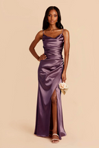 Luxe Spaghetti Strap Sumptuous Satin Cowl Neck Elegantly Ruched Waist Dramatic High Slit Flowing Floor-Length Bridesmaid Dress