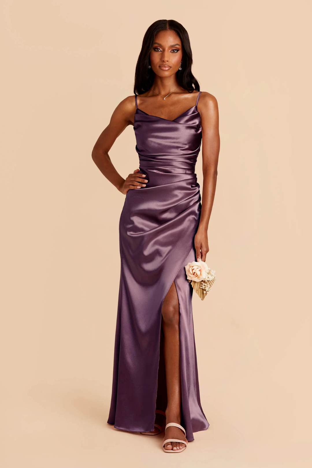 Luxe Spaghetti Strap Sumptuous Satin Cowl Neck Elegantly Ruched Waist Dramatic High Slit Flowing Floor-Length Bridesmaid Dress