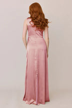 Luxe Satin Cowl Neck Sleeveless A-Line Bridesmaid Dress with Pockets High Slit Floor-Length Hem