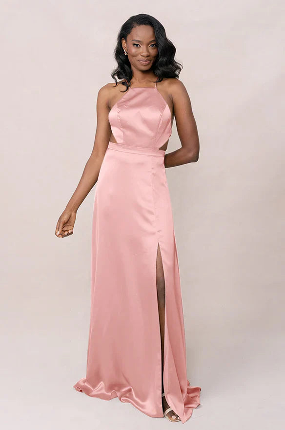 Luxe Satin Halter Neck Crisscross Lace-Up Open Back A-Line Bridesmaid Dress with Pockets High Slit Floor-Length Hem