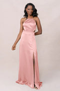 Luxe Satin Halter Neck Crisscross Lace-Up Open Back A-Line Bridesmaid Dress with Pockets High Slit Floor-Length Hem
