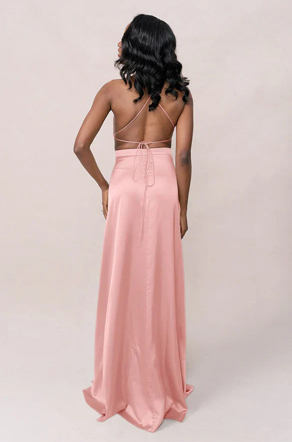 Luxe Satin Halter Neck Crisscross Lace-Up Open Back A-Line Bridesmaid Dress with Pockets High Slit Floor-Length Hem