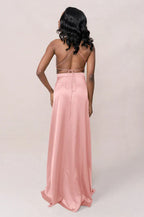 Luxe Satin Halter Neck Crisscross Lace-Up Open Back A-Line Bridesmaid Dress with Pockets High Slit Floor-Length Hem
