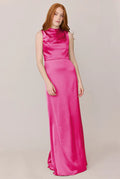Luxe Satin High Neck Bridesmaid Dresses with Draped Bodice, Back Slit and Floor-Length Formal Gown