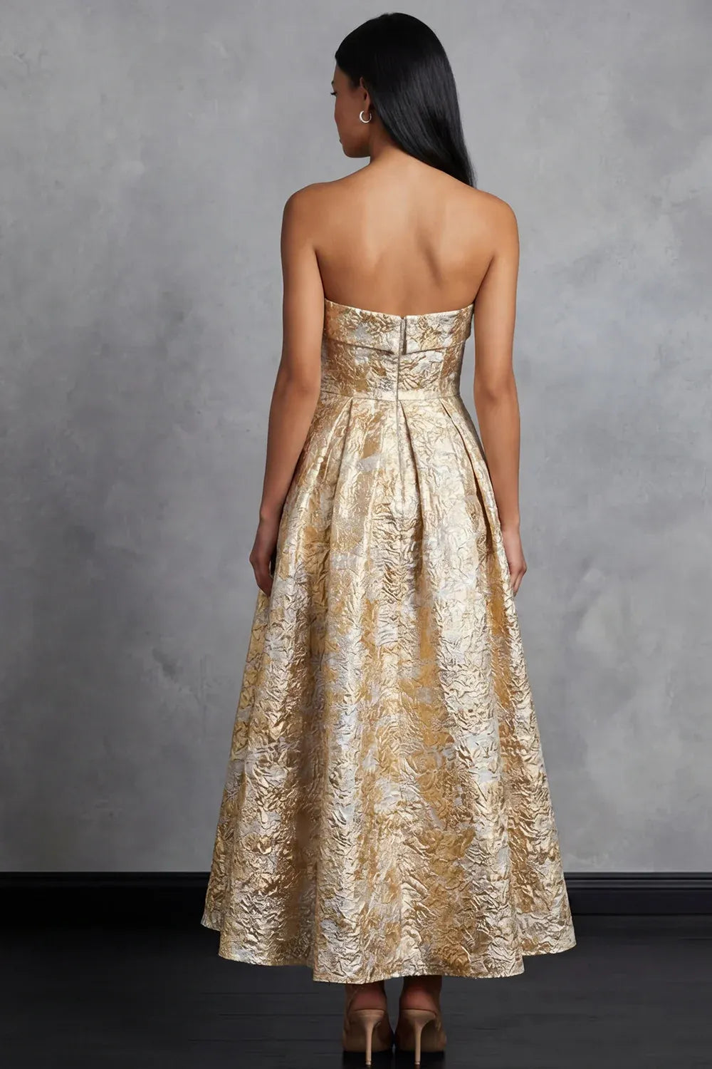 Luxurious A-Line Strapless Sleeveless Brocade Midi Evening Dress