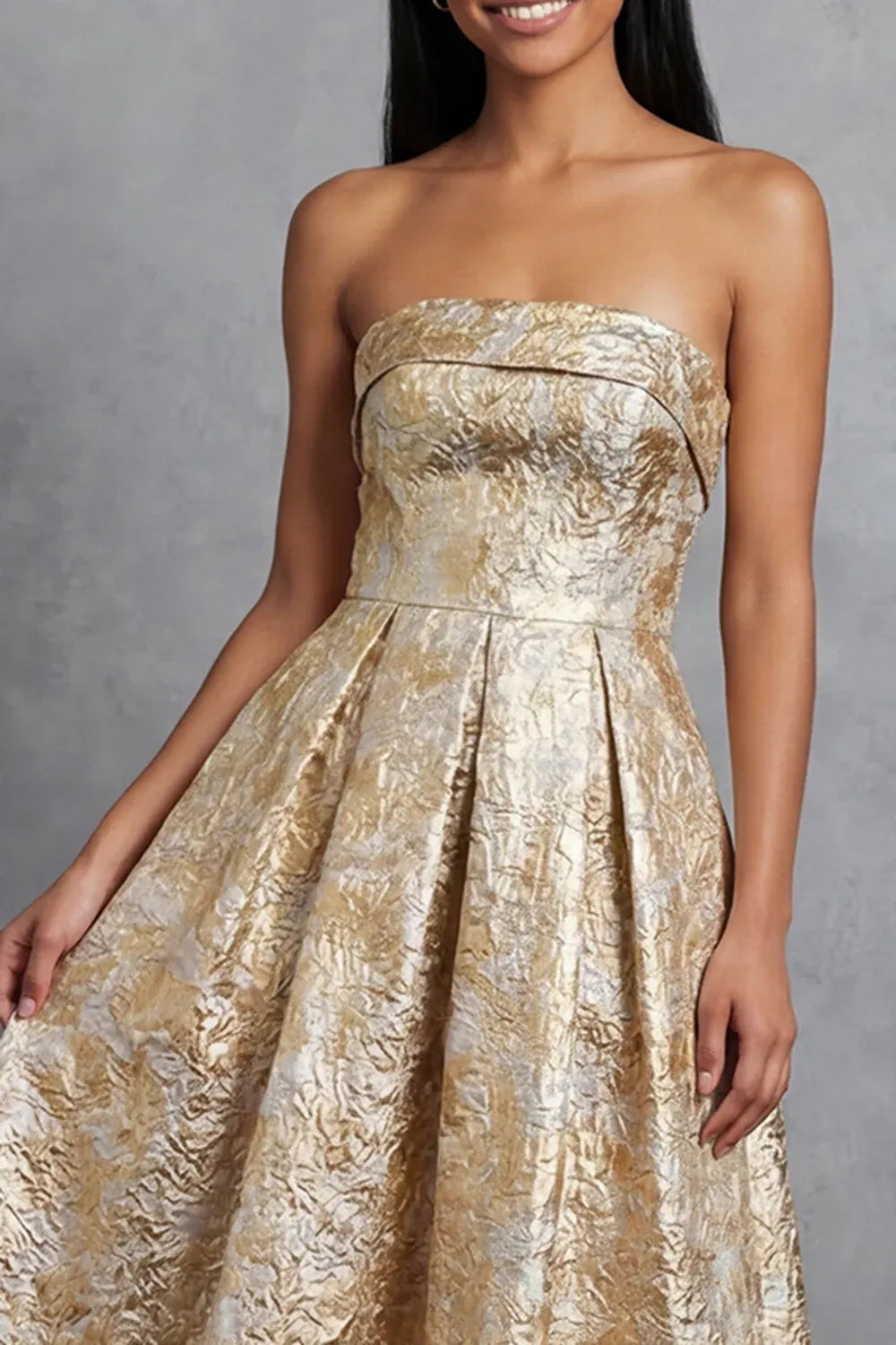 Luxurious A-Line Strapless Sleeveless Brocade Midi Evening Dress
