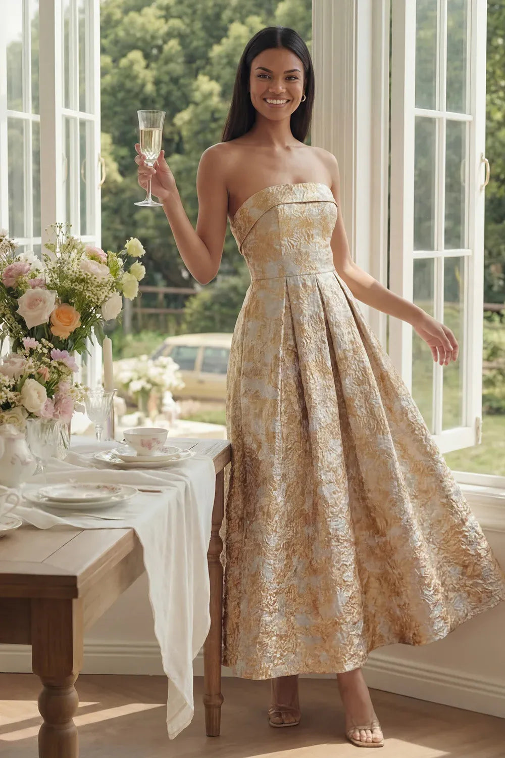 Luxurious A-Line Strapless Sleeveless Brocade Midi Evening Dress