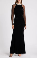 Luxurious Mermaid High Neck Sheer Long Sleeve Keyhole Back Floor Length Evening Dress