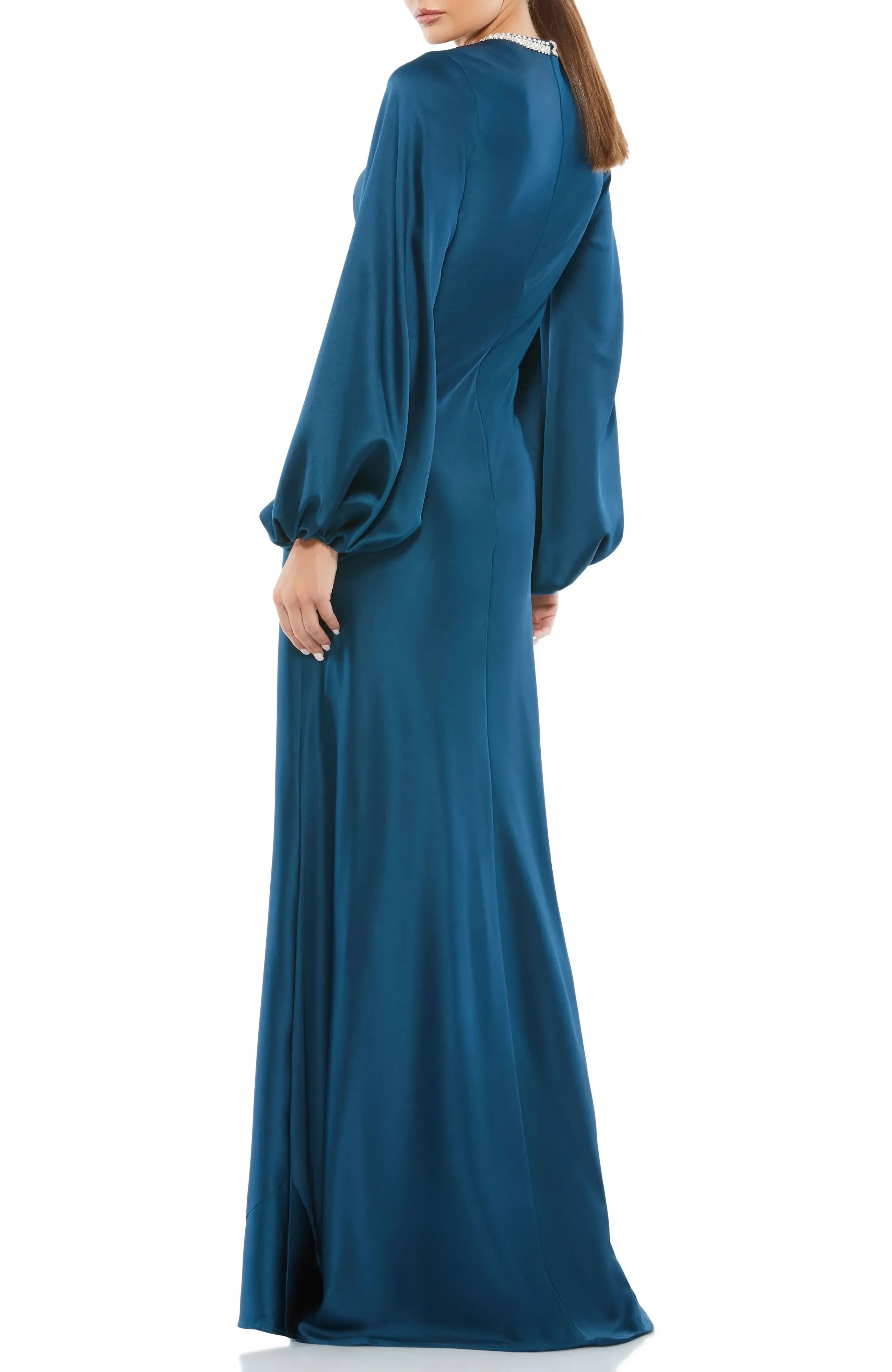 Luxurious Sheath Jewel Neck Puff Long Sleeve Zipper Back Floor Length Evening Dress