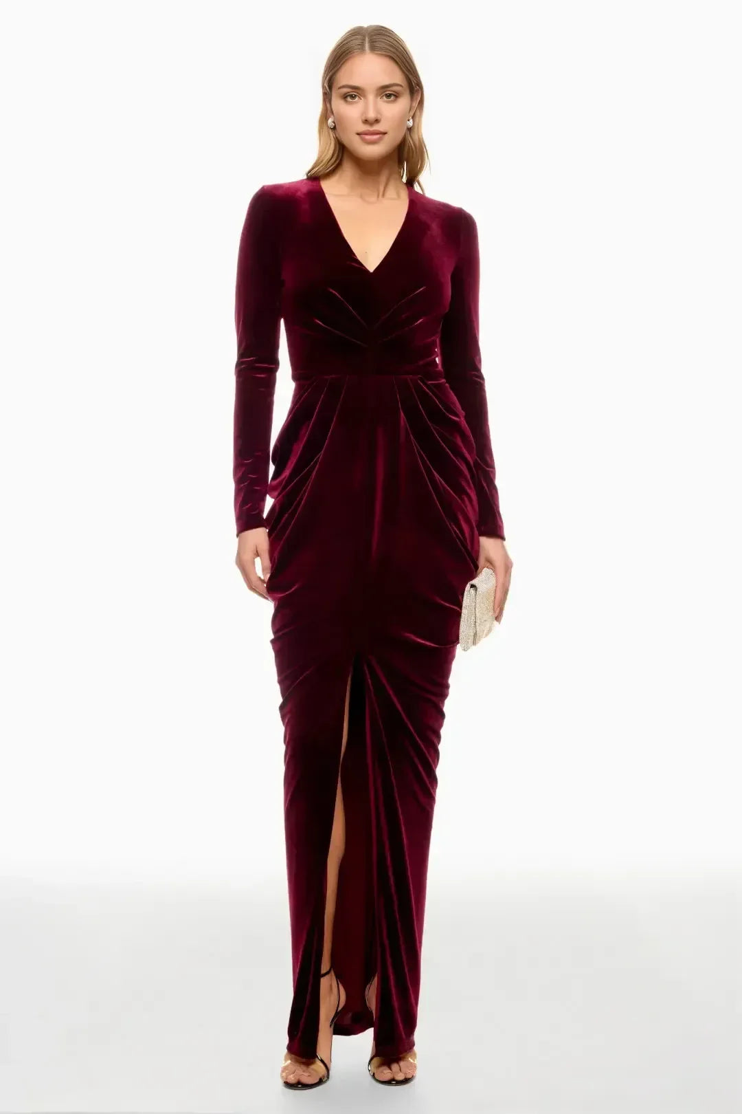 Luxurious Sheath V Neck Long Sleeve Draped Bodice Floor Length Plus Size Prom Dress