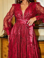 Luxurious A-Line V Neck Long Sleeve Zipper Up Sweep/Brush Train Prom Dress