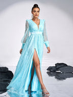 Luxurious A-Line V Neck Long Sleeve Zipper Up Sweep/Brush Train Prom Dress