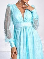 Luxurious A-Line V Neck Long Sleeve Zipper Up Sweep/Brush Train Prom Dress
