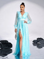 Luxurious A-Line V Neck Long Sleeve Zipper Up Sweep/Brush Train Prom Dress