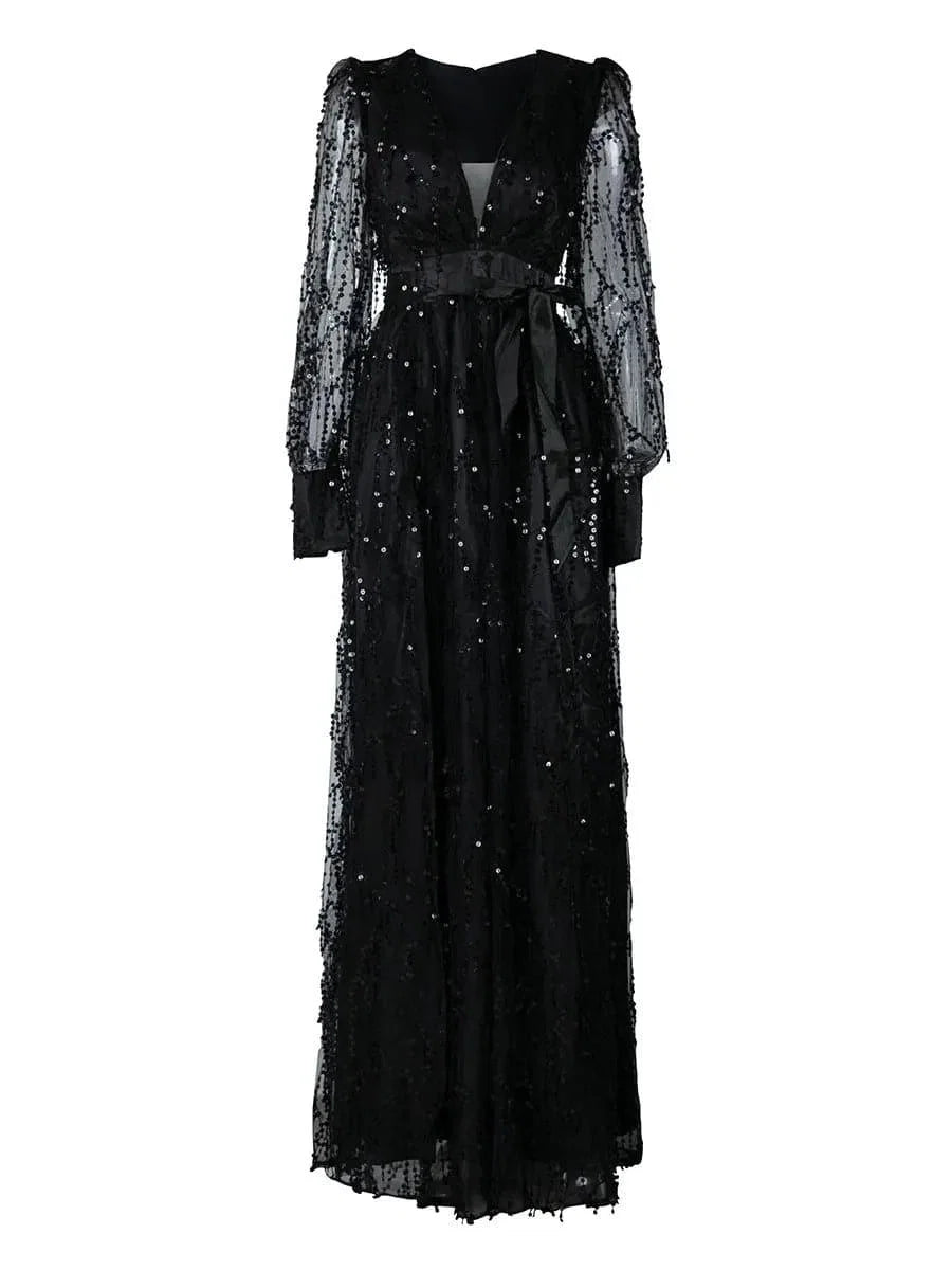 Luxurious A-Line V Neck Long Sleeve Zipper Up Sweep/Brush Train Prom Dress