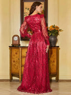 Luxurious A-Line V Neck Long Sleeve Zipper Up Sweep/Brush Train Prom Dress