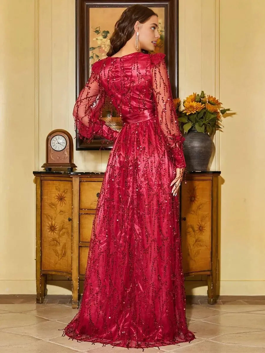 Luxurious A-Line V Neck Long Sleeve Zipper Up Sweep/Brush Train Prom Dress
