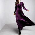 Luxurious A-line V-neck Long-sleeve Ruched Plum Velvet Maxi Evening Dress for Women Hot Sale