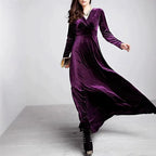 Luxurious A-line V-neck Long-sleeve Ruched Plum Velvet Maxi Evening Dress for Women Hot Sale