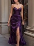 Luxurious Bodycon Sweetheart Neck Corset Ruched Slit Purple Long Prom Dresses