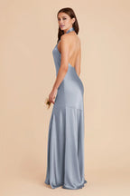 Luxurious Dusty Blue Satin Halter-Neck Maxi Bridesmaid Dress with Open Back & High Side Slit